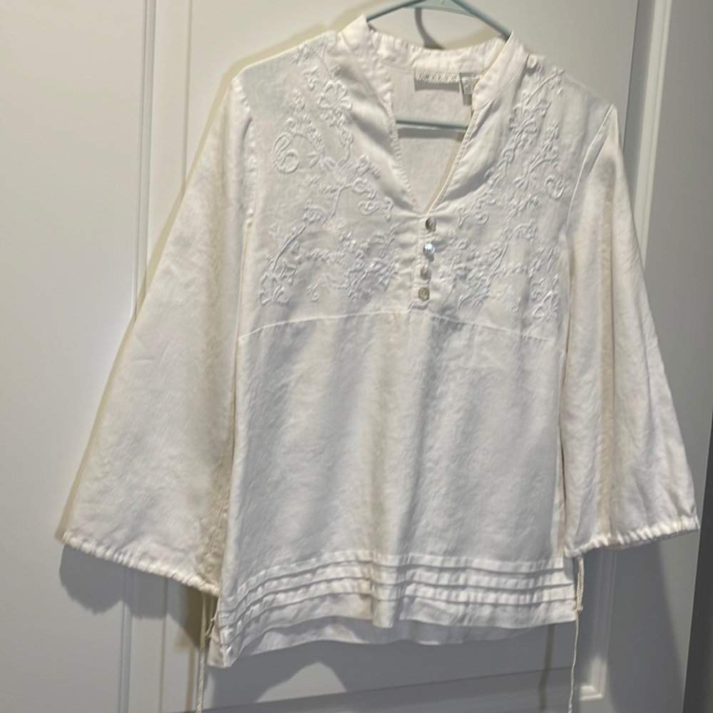 Tweeds White Embroidered V-Neck Peasant Blouse
